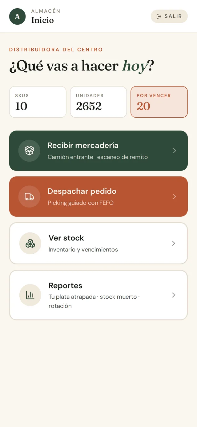 App de almacén: pantalla de inicio con recepción, despacho, stock y reportes