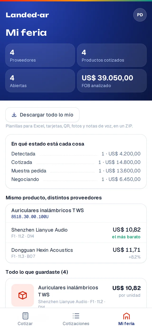 Landed-ar: proveedores de la feria y el mismo producto comparado entre stands