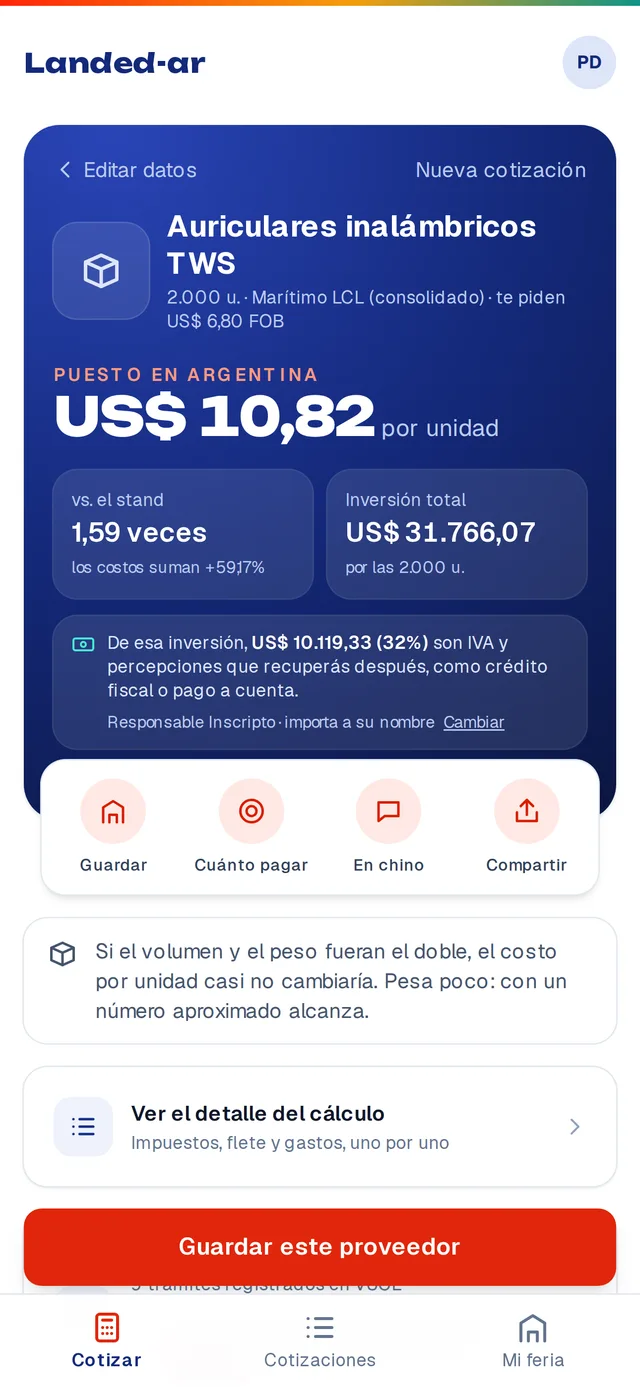 Landed-ar: costo puesto en Argentina de una cotización, por unidad y total